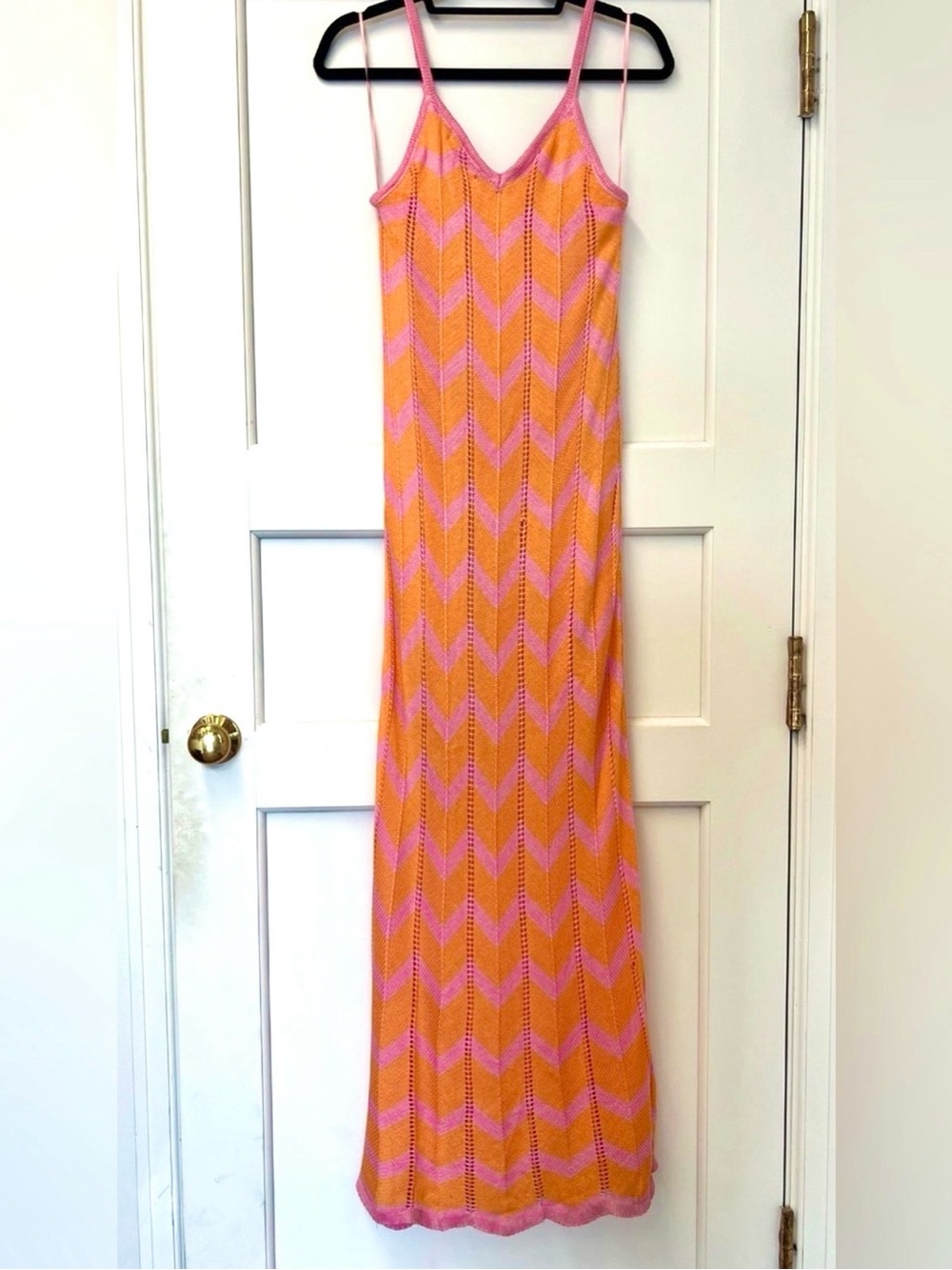 Olivaceous spaghetti strap chevron Knit Maxi Dress in Orange and Pink lined